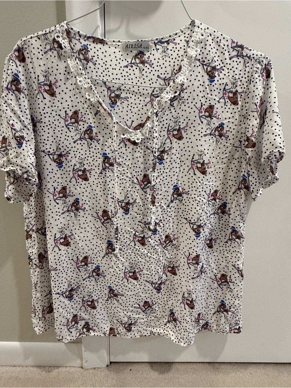 Airisa White Polka Dot & Floral V-Neck Blouse